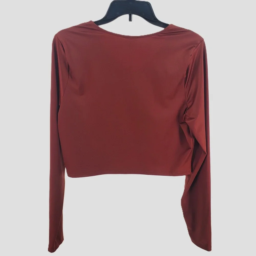 CALIA Womens XL Ruched Rash Guard Swim Top Red Brown‎ Shine Long Sleeve UPF 50